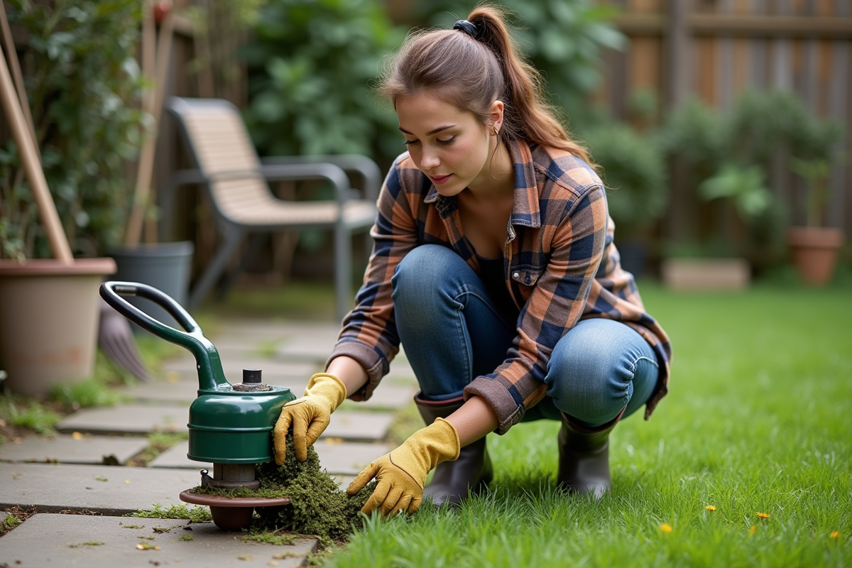 Jeune femme examinant des lames de mousse dans le jardin
