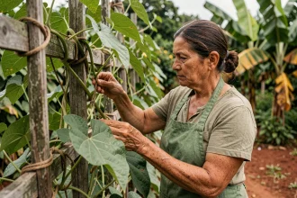 Femme examinant les tiges d'un plant de christophine sur un treillis en bois dans un jardin tropical luxuriant