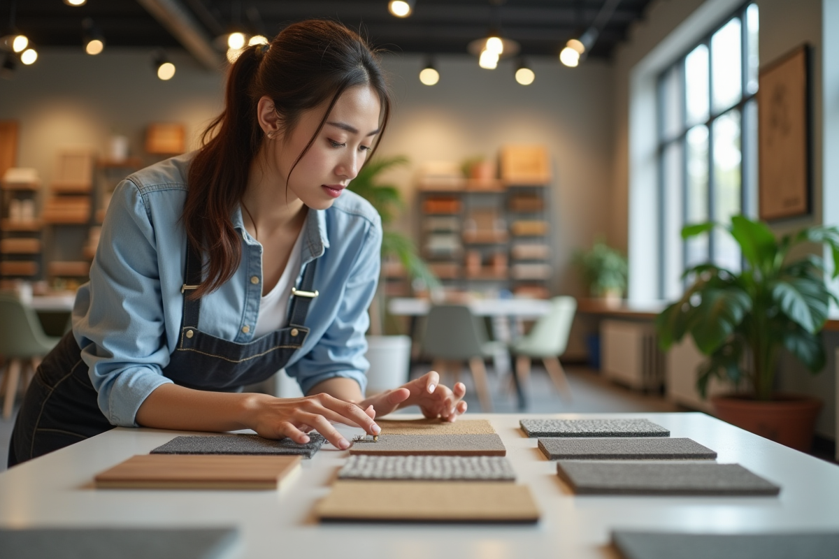 Jeune femme examinant des échantillons de gazon synthétique en magasin