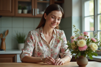 Femme arrangeant un bouquet de fleurs dans la cuisine