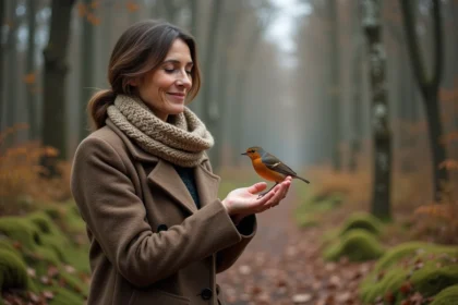 Femme dans la forêt observant un rouge-gorge sur sa main