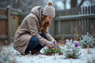 Femme en hiver inspectant des pensées résistantes dans un jardin gelé