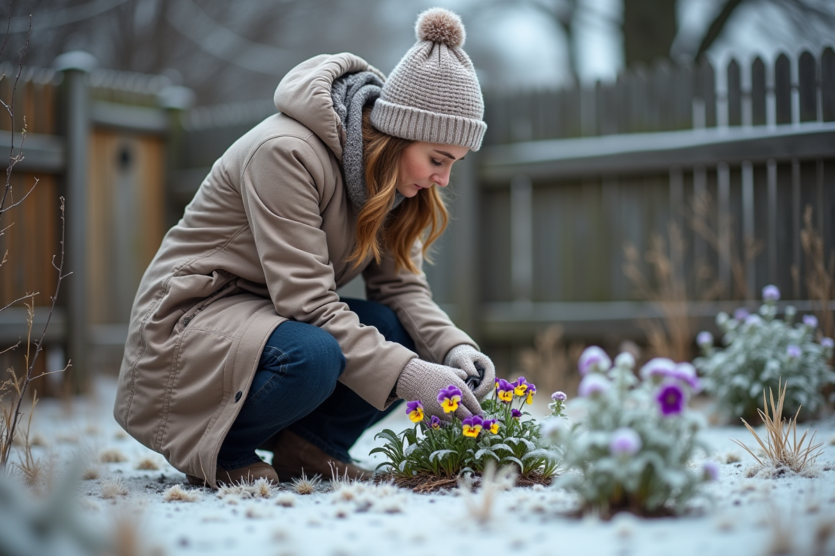 Femme en hiver inspectant des pensées résistantes dans un jardin gelé