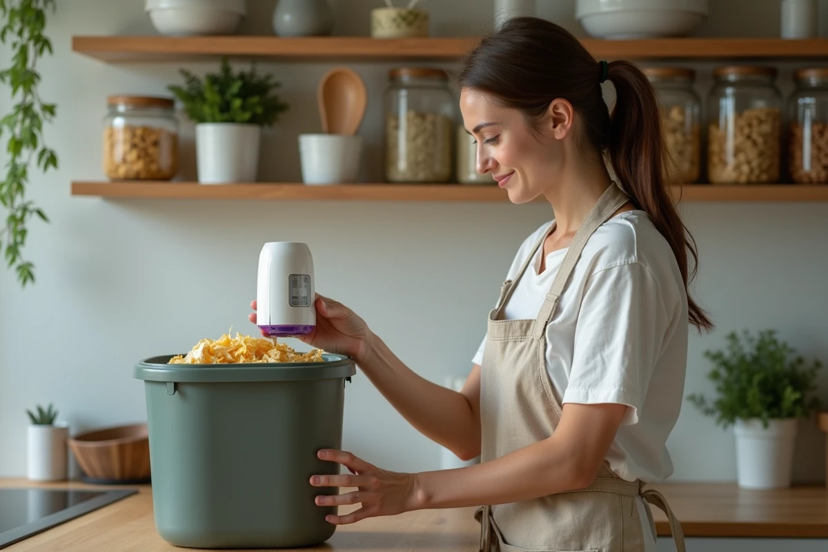 Femme installant un piège à moucherons électrique UV au-dessus d'une poubelle de recyclage remplie d'épluchures dans une cuisine