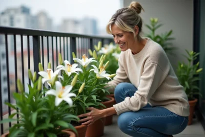 Femme en jeans et pull tendant des lys sur balcon urbain
