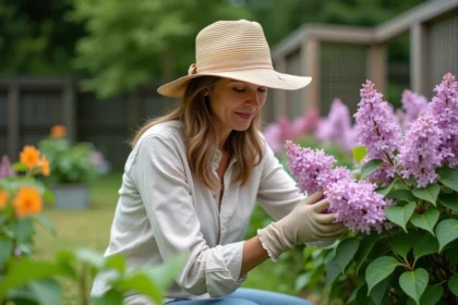 Femme inspectant un lilas japonais en jardin verdoyant