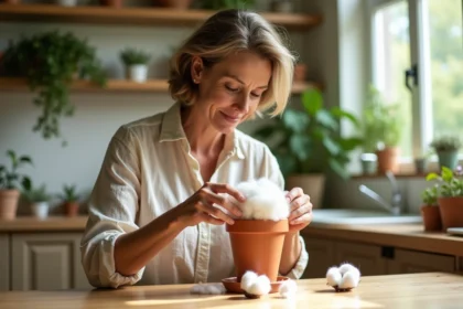 Femme en intérieur plantant un coton dans un pot en terre cuite