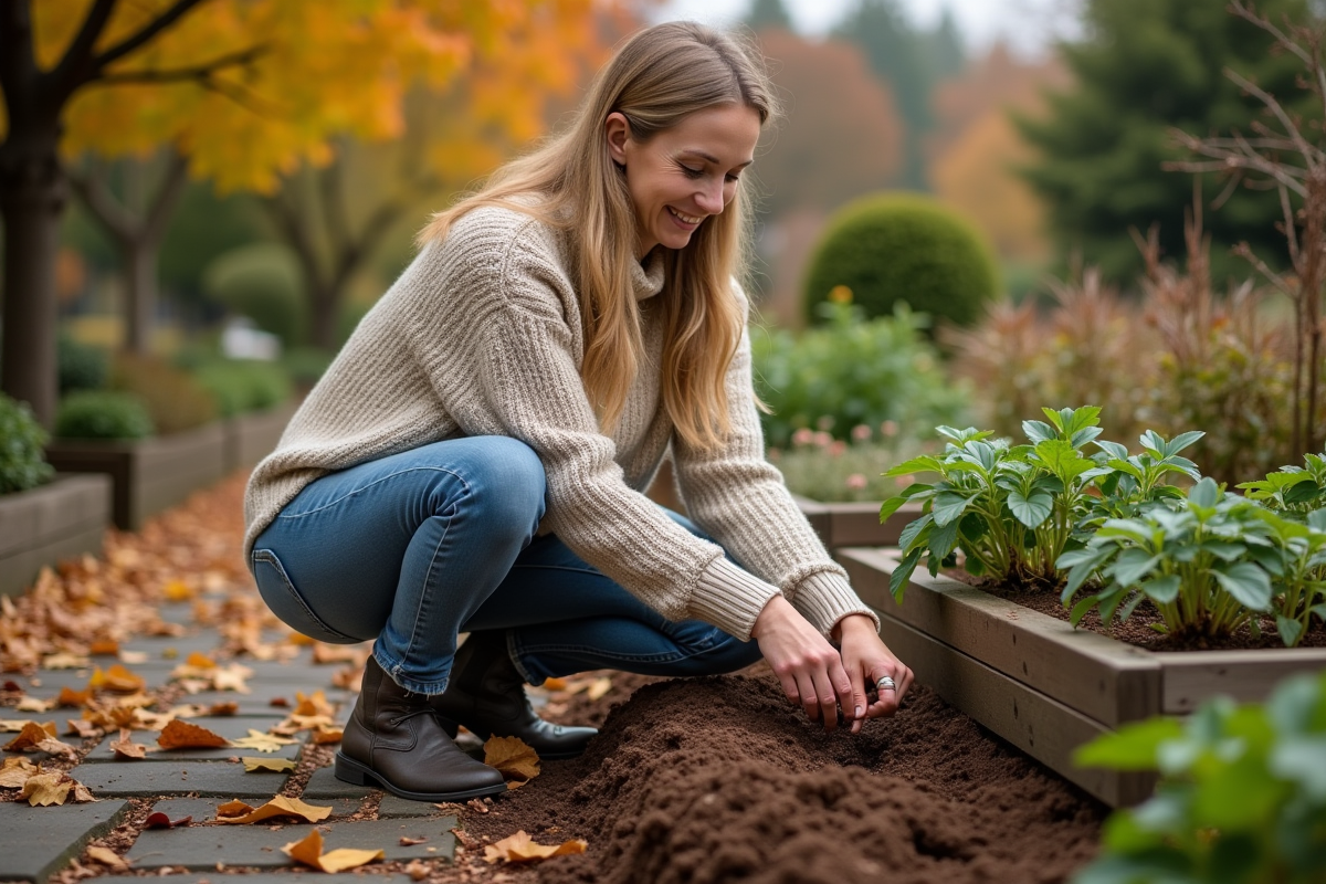 Femme en pull tricoté plantant des perennes dans un jardin automnal