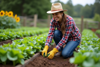 Femme souriante en chapeau de paille dans un jardin potager