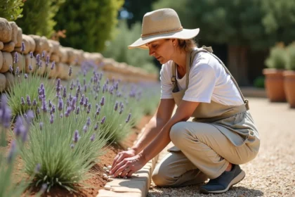 Femme jardiniére aménageant un jardin sec méditerranéen avec lavande et galets sous un climat chaud