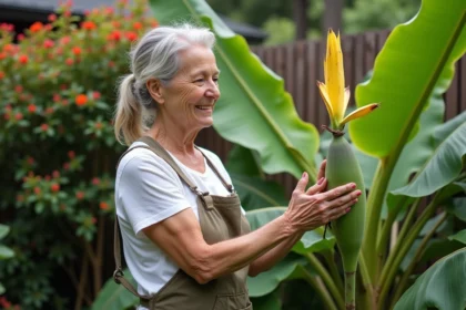 Femme examinant un bananier en jardinage