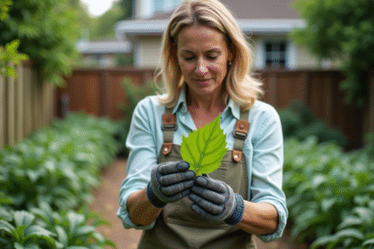 Femme inspectant une feuille de tomate dans son jardin