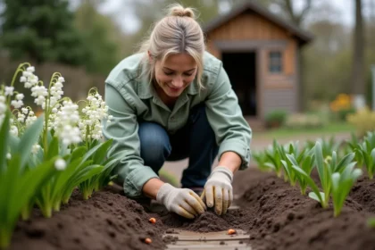 Femme en jardinage plantant des bulbes de lilyofthevalley