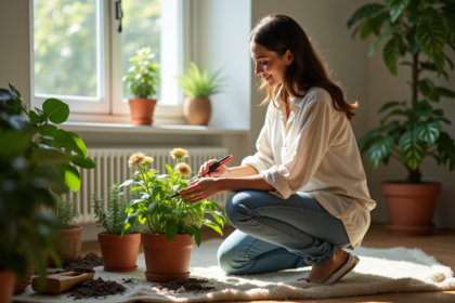 Femme en train de tailler une plante en intérieur lumineux