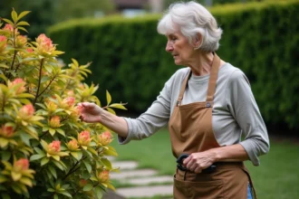 Femme d'âge moyen examine un rhododendron jaunissant dans son jardin