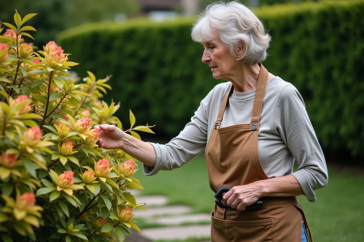 Femme d'âge moyen examine un rhododendron jaunissant dans son jardin