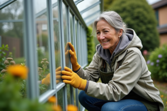 Femme en vêtements de jardinage ajustant une serre en aluminium dans un jardin