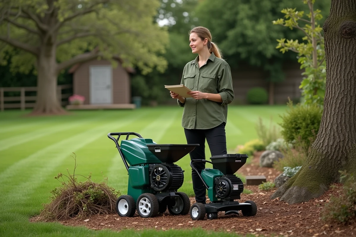 Jeune femme compare deux broyeurs de branches dans un jardin rural