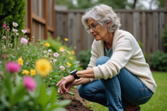 Femme en jardinage vérifiant son horloge dans un jardin verdoyant