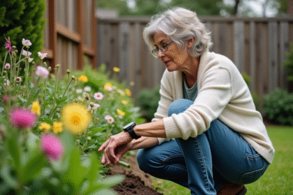 Femme en jardinage vérifiant son horloge dans un jardin verdoyant