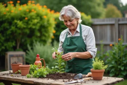 Femme en tablier vert cueillant des branches de waxflower dans son jardin