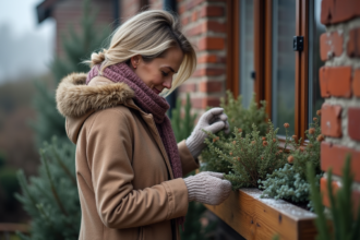 Femme arrangeant heather et lierre en jardinière d'extérieur