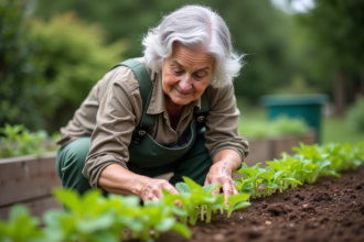 Femme âgée inspectant des jeunes plants dans son jardin