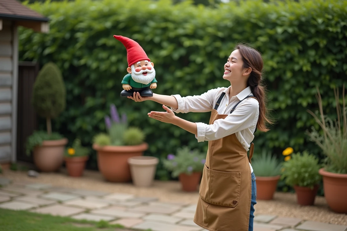 Femme souriante lançant un gnome coloré dans le jardin