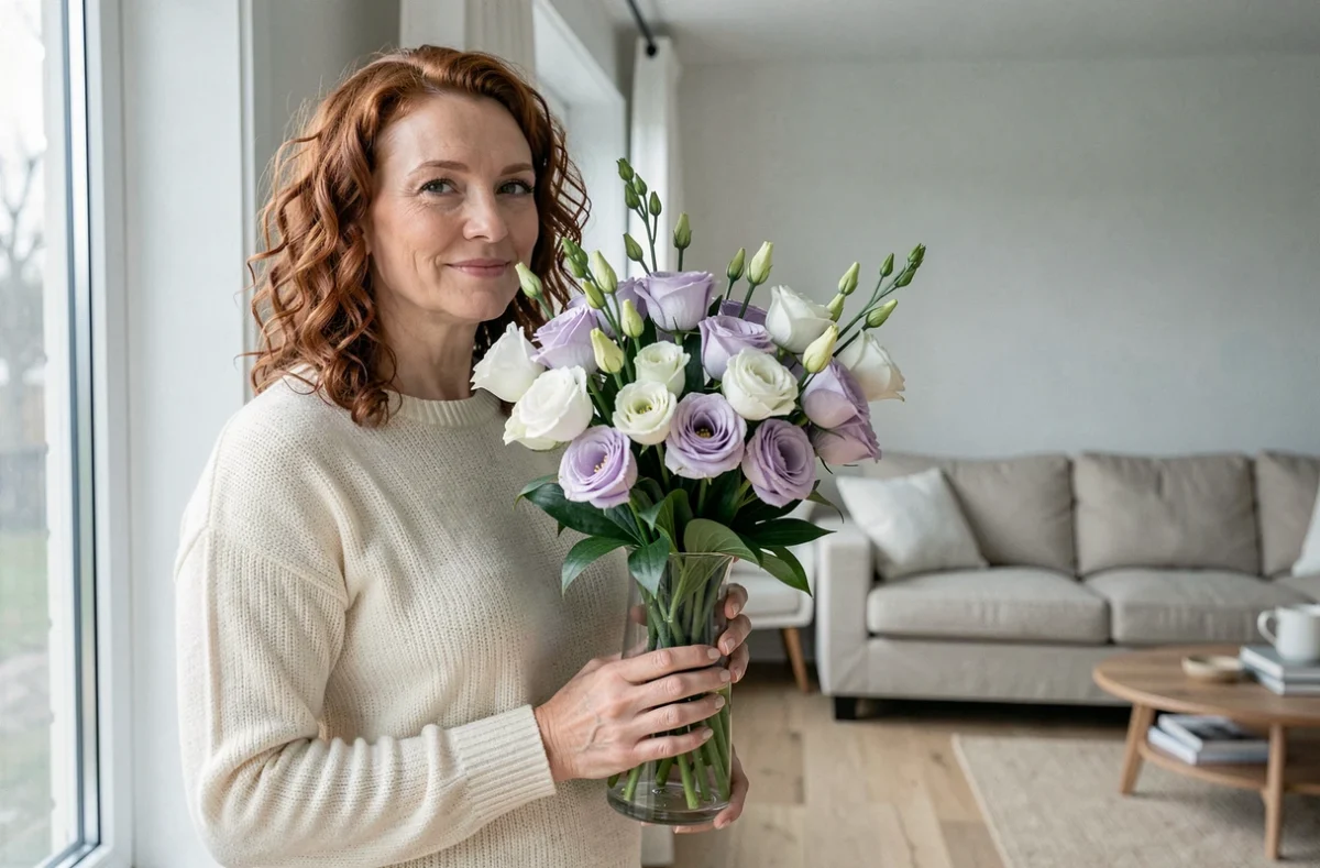 Femme tenant un vase de lisianthus blancs et lavande dans un salon scandinave épuré