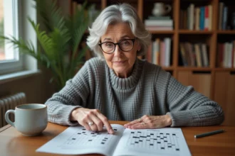 Femme résolvant des mots fléchés sur un magazine posé sur une table en bois