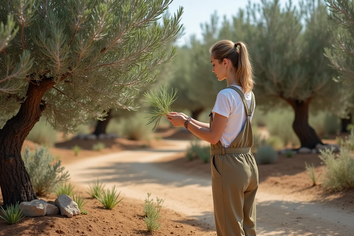 Femme en tenue de jardin examinant un olivier dans un jardin méditerranéen