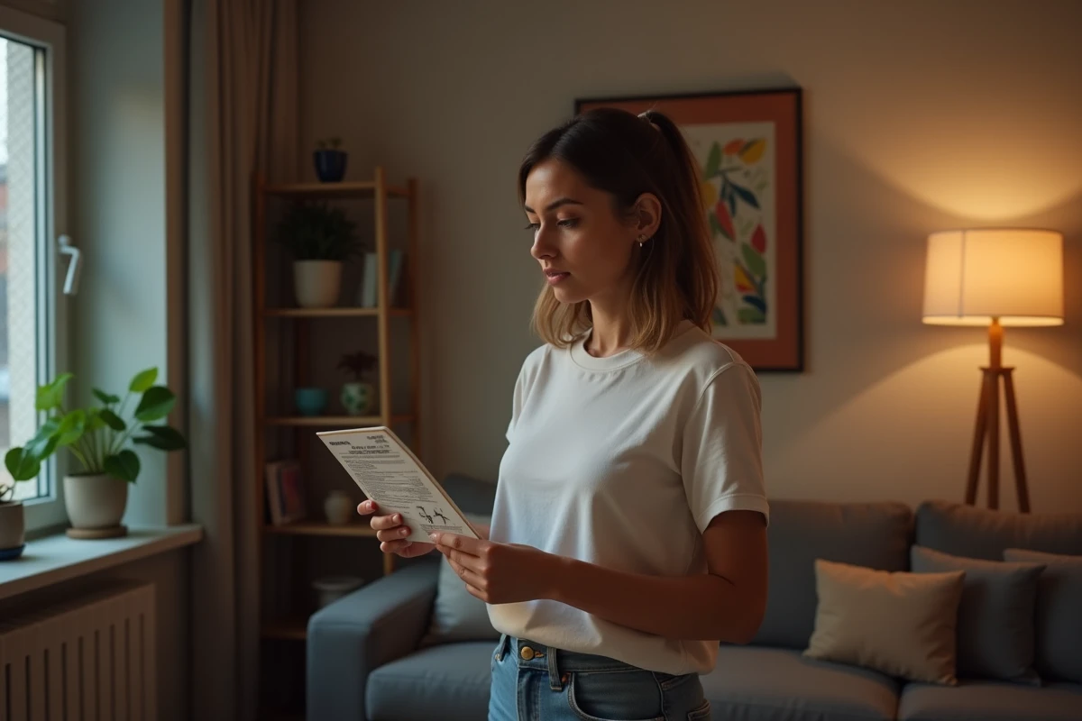 Femme lisant les instructions d'un piège à moustique dans un appartement, expression dubitative et réfléchie