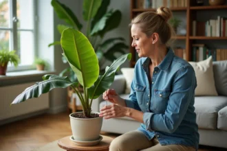 Femme en denim arrosant une bananier dans son salon