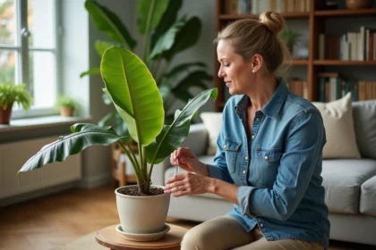 Femme en denim arrosant une bananier dans son salon