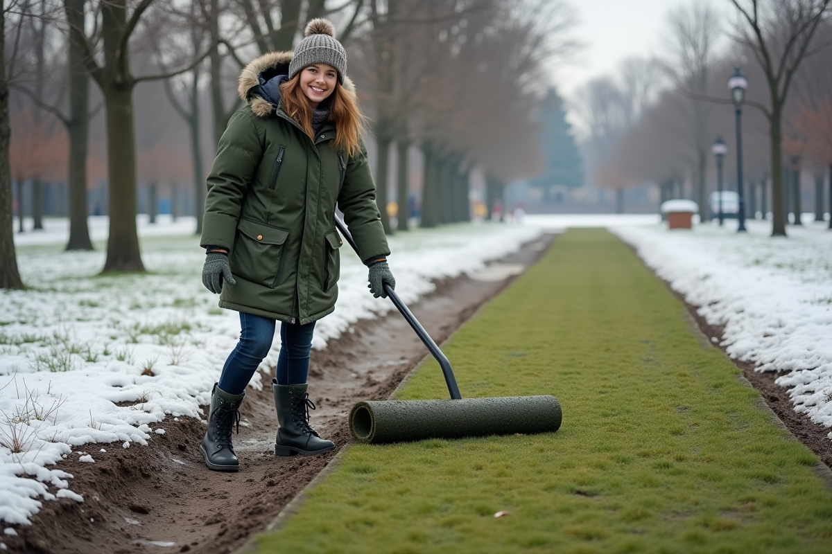 Jeune femme en parka vert pose du gazon dans parc