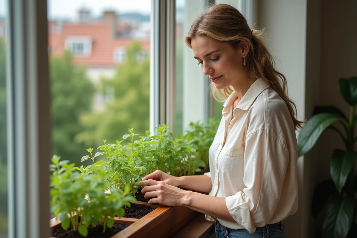 Femme arrangeant des plantes citronnelle et menthe dans une jardinière de balcon pour repousser les insectes en été