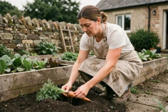 Femme cultivant des légumes dans un potager rustique avec des carottes fraîchement récoltées, mode de vie simple et local