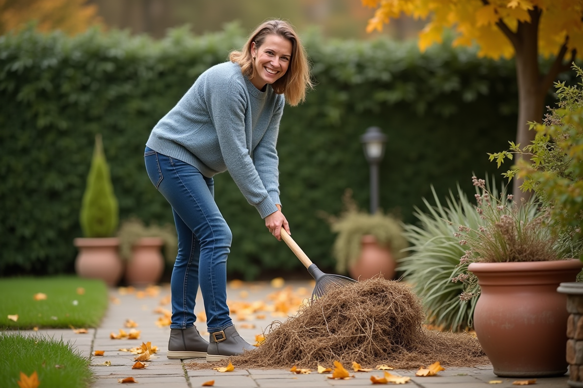 Femme souriante ratisse des tas de feuillage dans un jardin