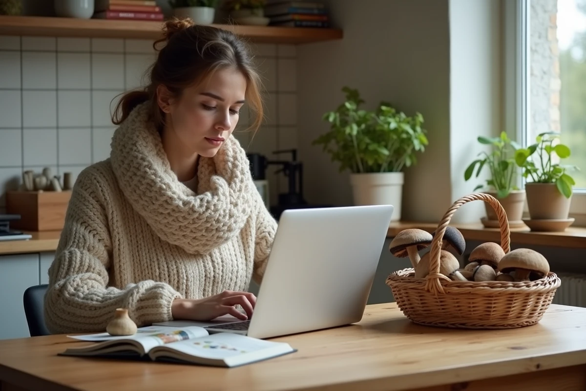 Jeune femme cherche champignons trompette de la mort dans sa cuisine
