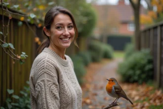 Femme en pull automnal avec un rouge-gorge dans un jardin