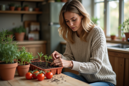 Femme plantant des graines de légumes dans une cuisine chaleureuse