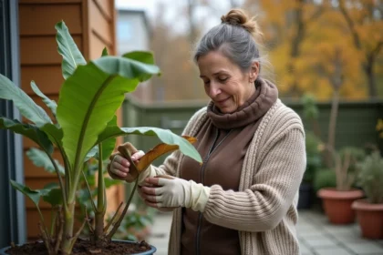Femme taillant un bananier dans un jardin d'automne