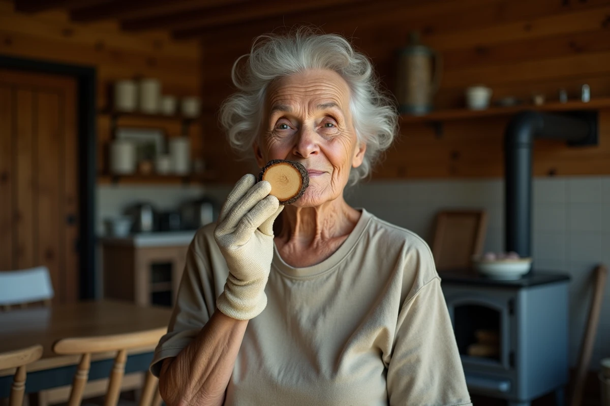 Femme âgée tenant un petit tronçon de bois Albizia à la maison
