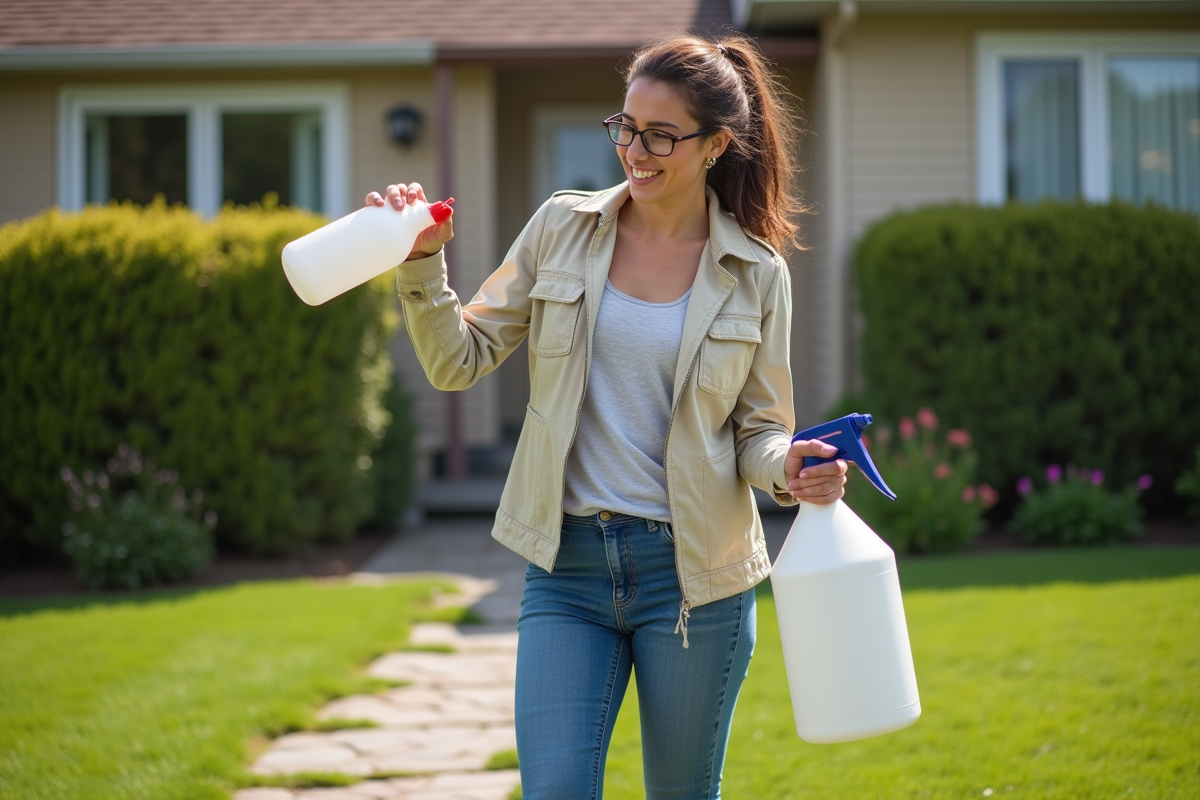 Femme appliquant un traitement à la mousse dans son jardin