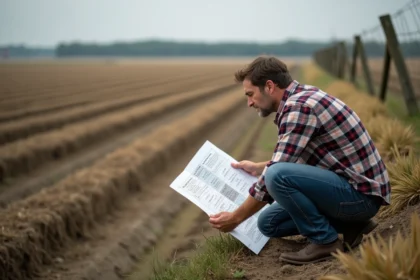 Fermeur étudiant une carte des cultures dans un champ