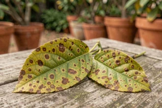 Feuilles de citronnier présentant des tâches marron irrégulières avec halos jaunes, symptômes de maladie fongique