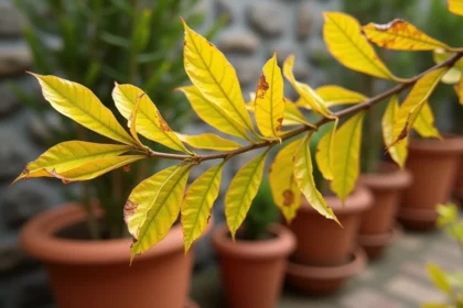 Feuilles de laurier rose jaunissantes avec des bords bruns sur une branche, signes de dépérissement visibles en gros plan