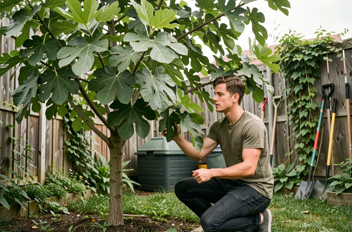 Jeune homme examinant les feuilles d'un figuier adulte bien exposé dans un jardin résidentiel