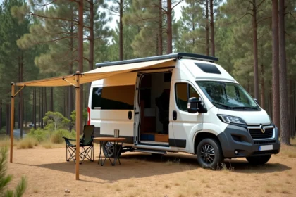 Filet camouflage ombrage tendu au-dessus d'un camping-car blanc garé en forêt avec espace détente aménagé dessous