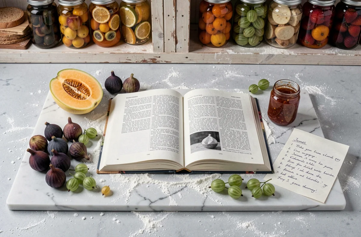 Vue de dessus d'un plan de travail en marbre avec fruits de juin, livre de pâtisserie ouvert et pot de confiture maison pour une recette de dessert estival
